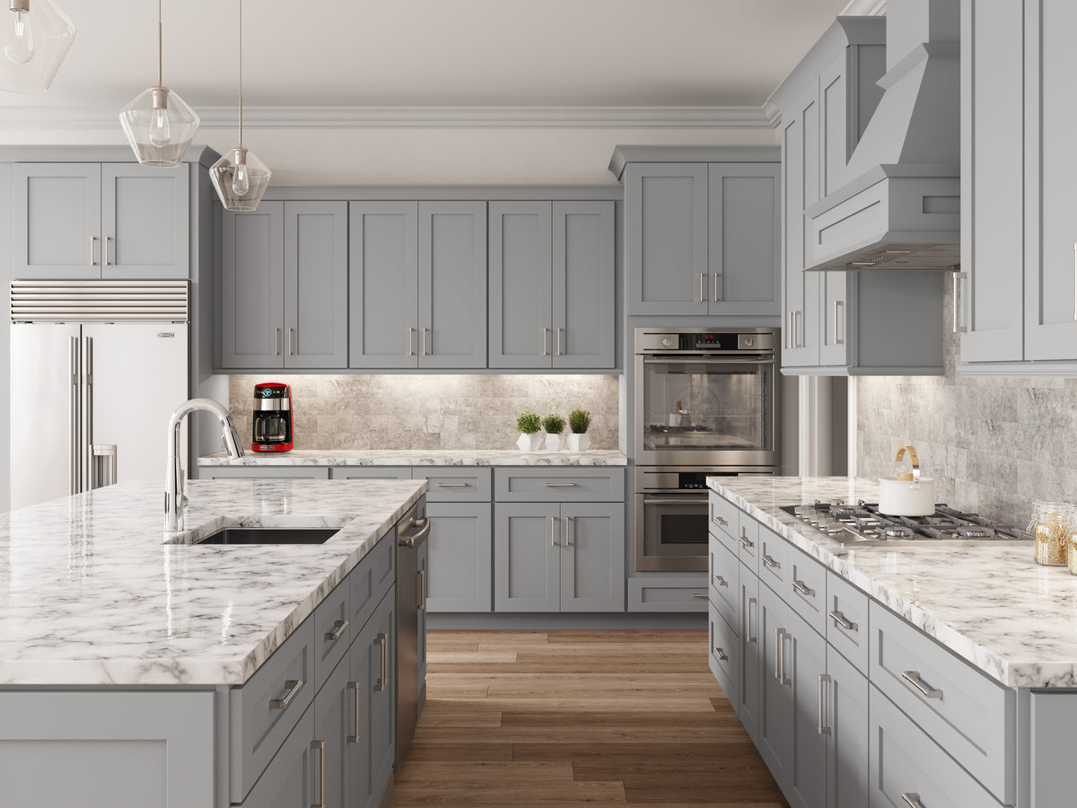 Kitchen scene featuring Lait Grey Shaker cabinets
