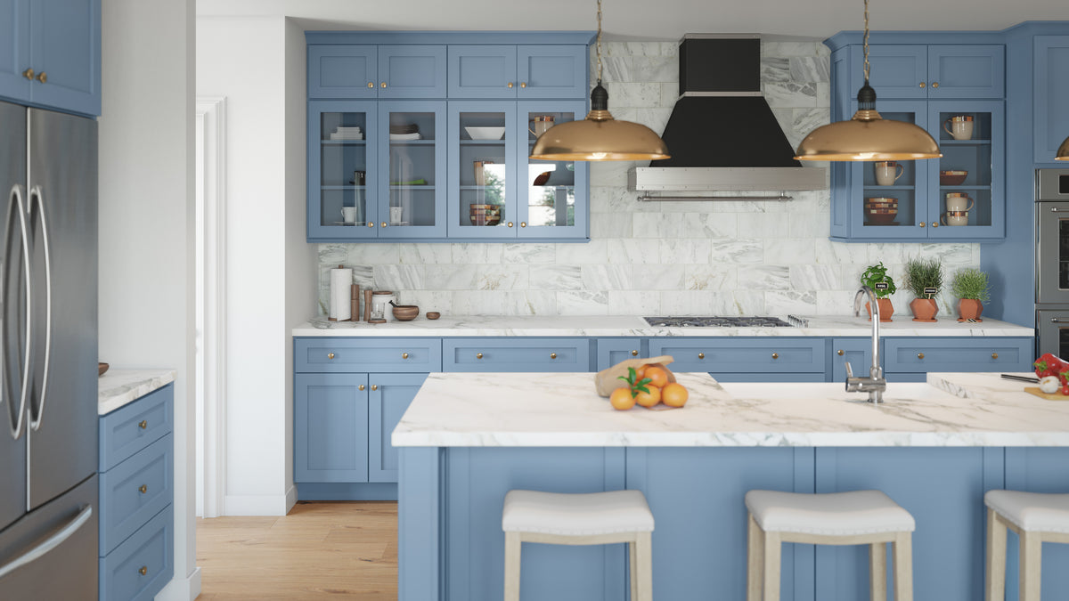 Kitchen scene featuring Xterra Blue Shaker cabinets