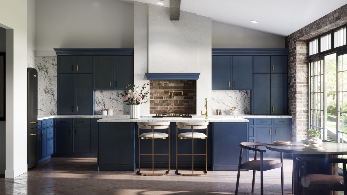 Kitchen scene featuring Petit Blue cabinets