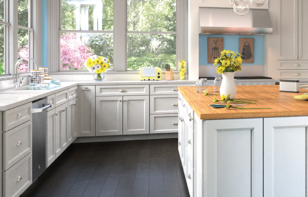 Kitchen scene featuring Uptown White cabinets
