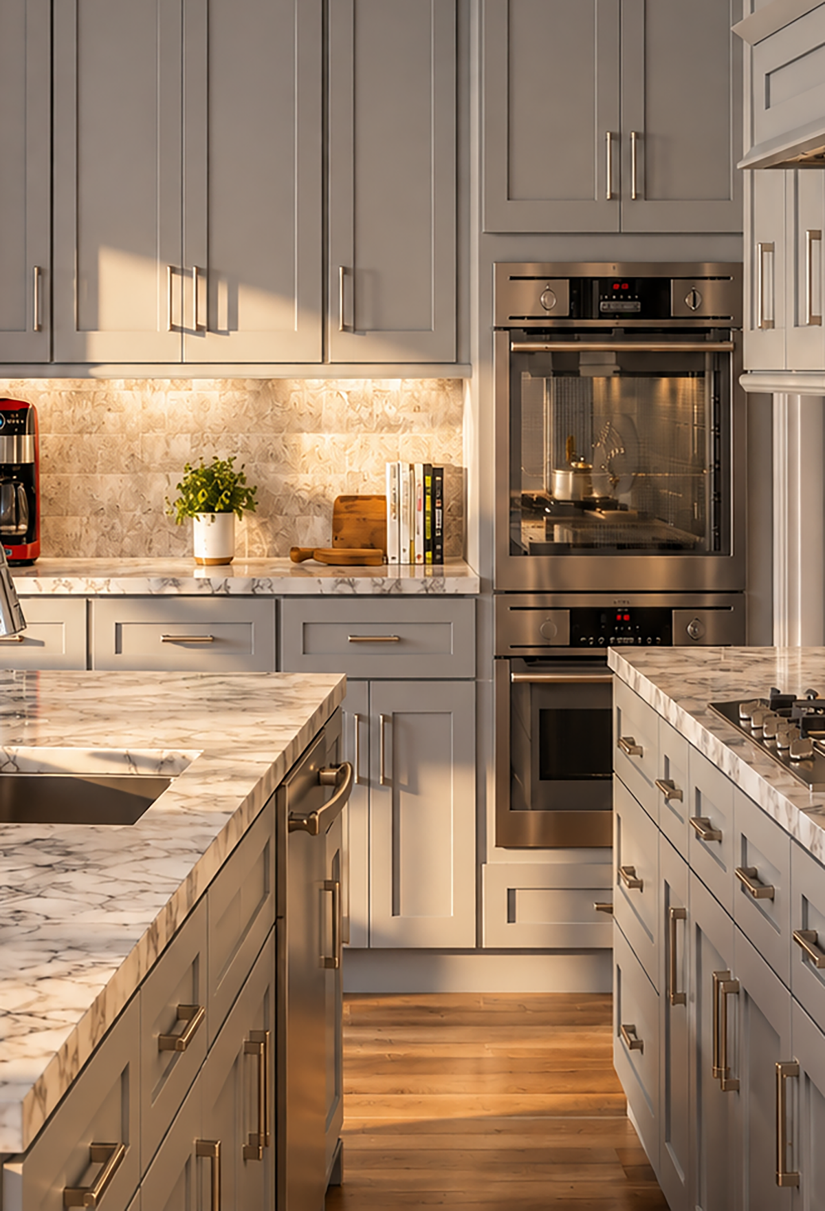 Sunlit kitchen with light gray cabinets and built-in ovens