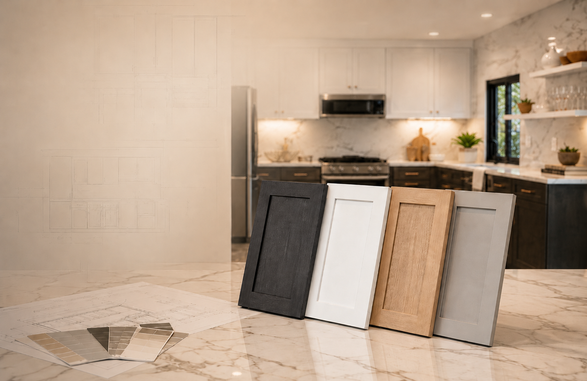 Four cabinet door samples on a kitchen counter