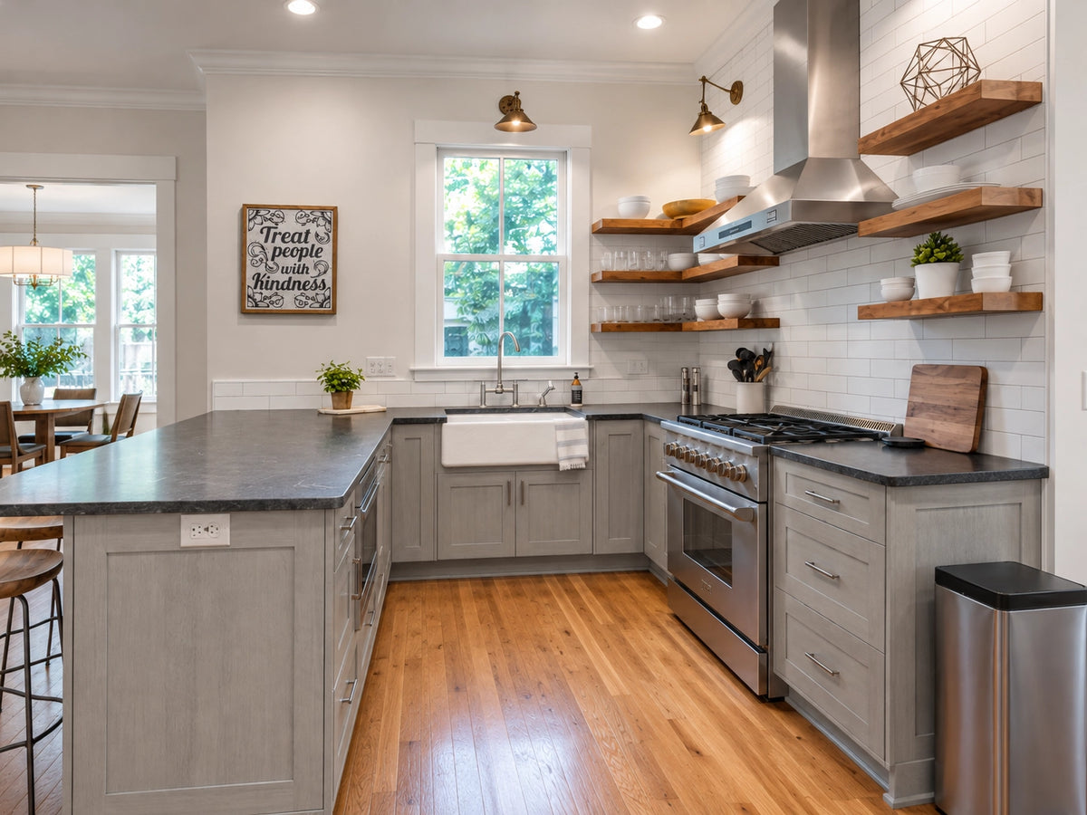 Kitchen with light gray cabinets and open wood shelves