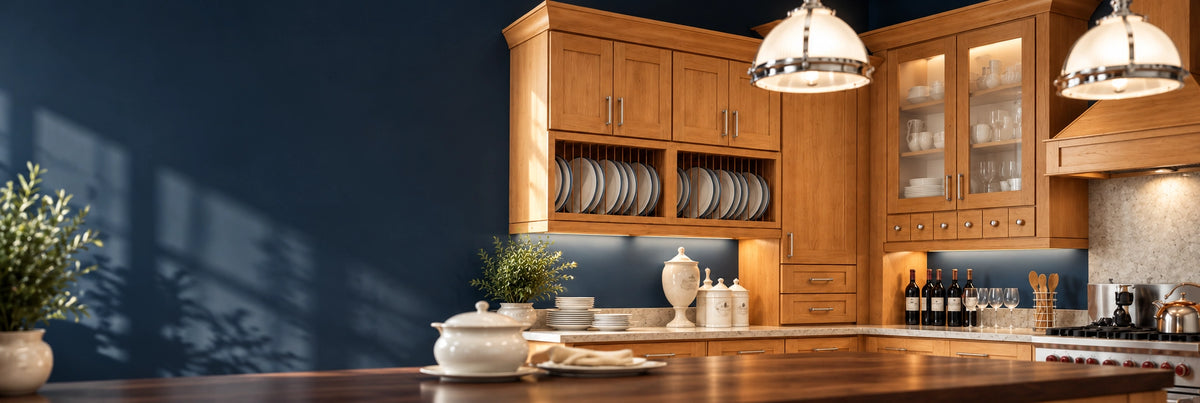 Warm wood-tone cabinets in a kitchen