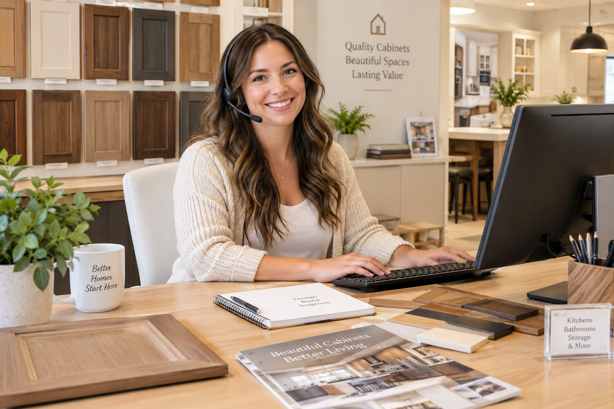 Person wearing a headset at a desk with cabinet door samples