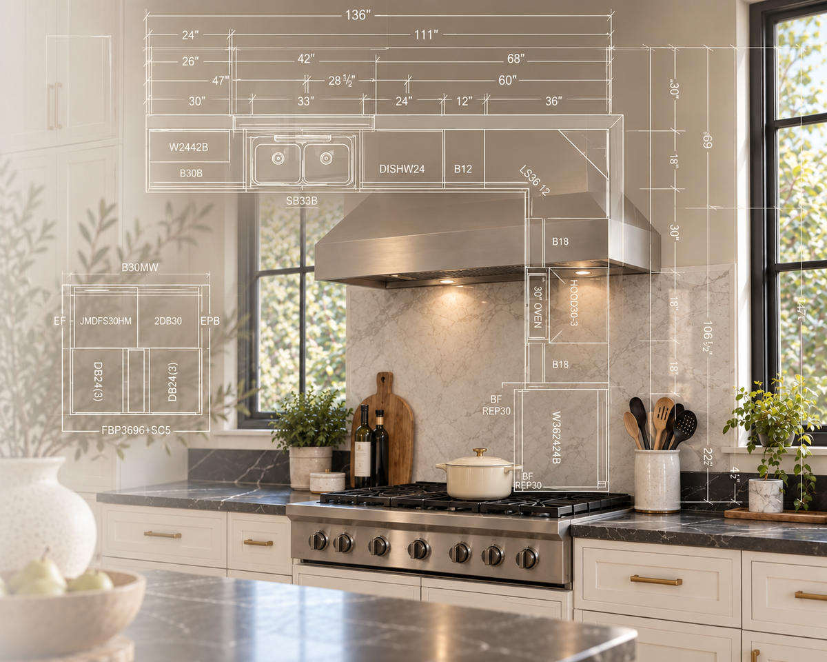 Kitchen design plan overlaid on a photo of white cabinets