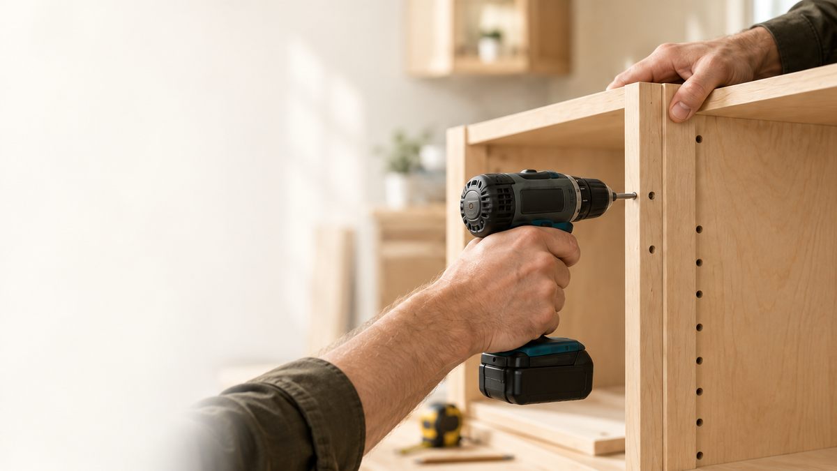 Person using a drill to assemble a cabinet