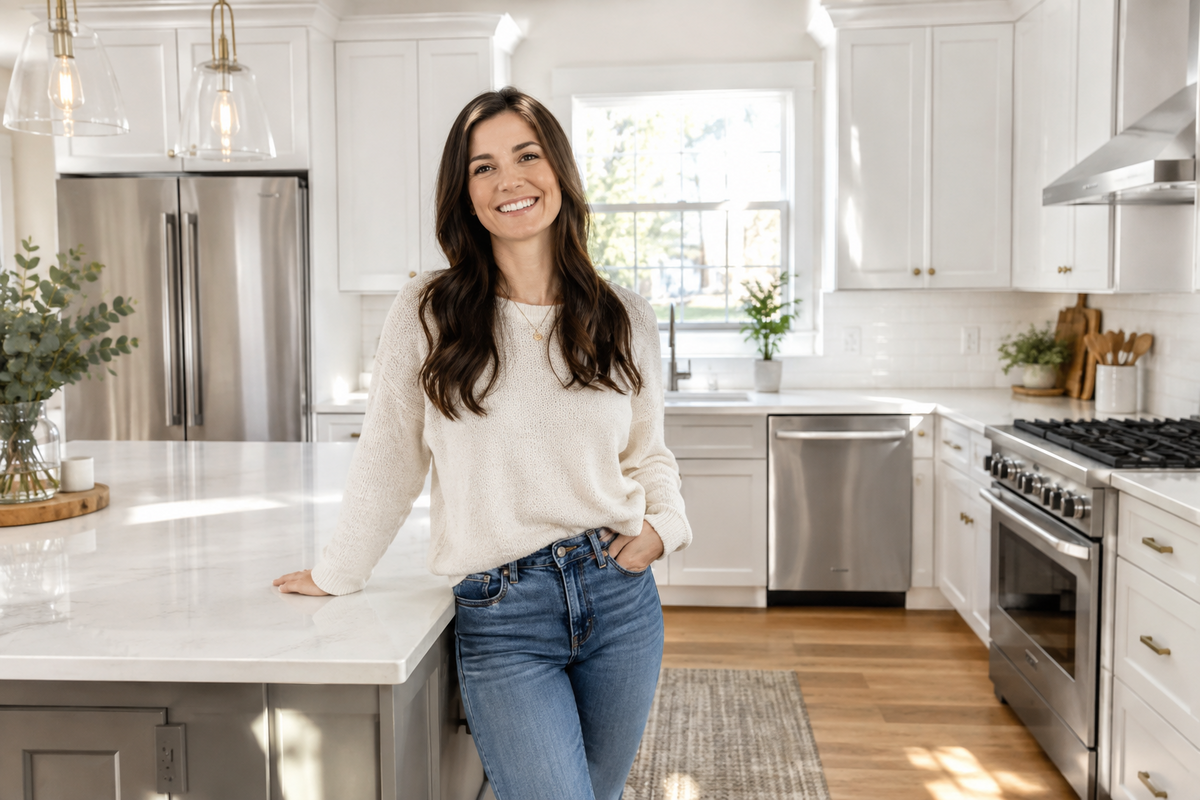 Person standing in a kitchen with white cabinets