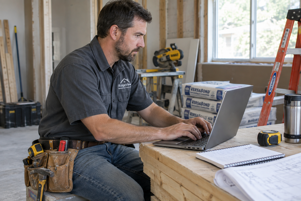 Contractor using a laptop at a renovation site